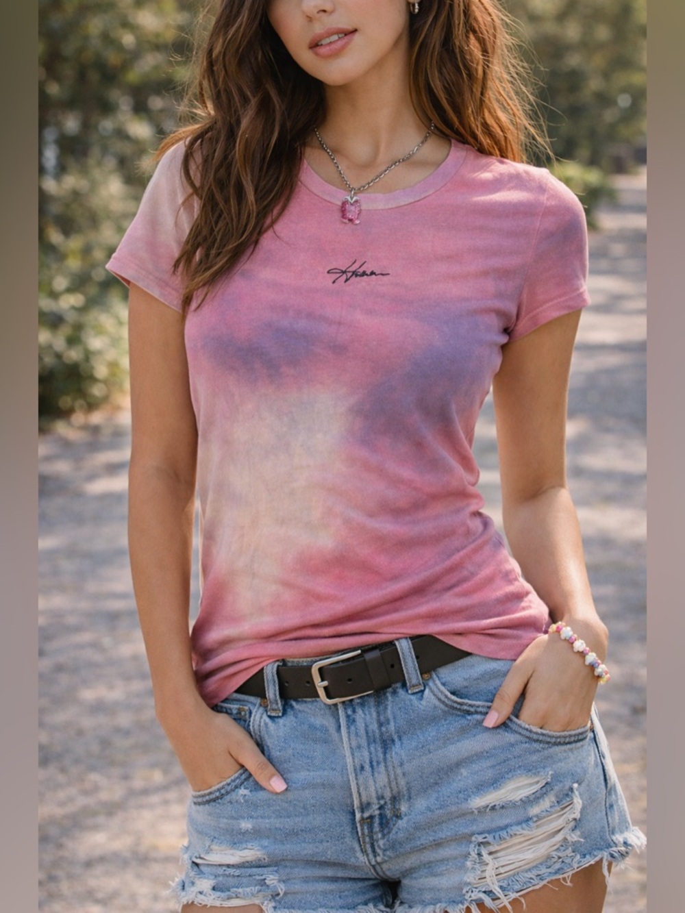 Hollister Y2K Pink Tie Dye Fitted Tee | Graphic Script Top Size M